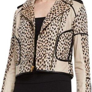 DVF Animal Print, Moto, Mixed Material (incl. Genuine Leather) Jacket, Cream, 8